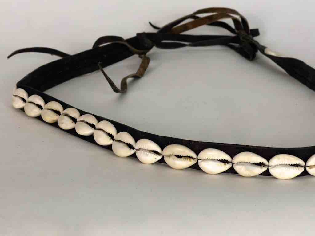 African Cultural Narrow Real Cowrie Shell-Leather Tie-Closure Belt - 2 colors