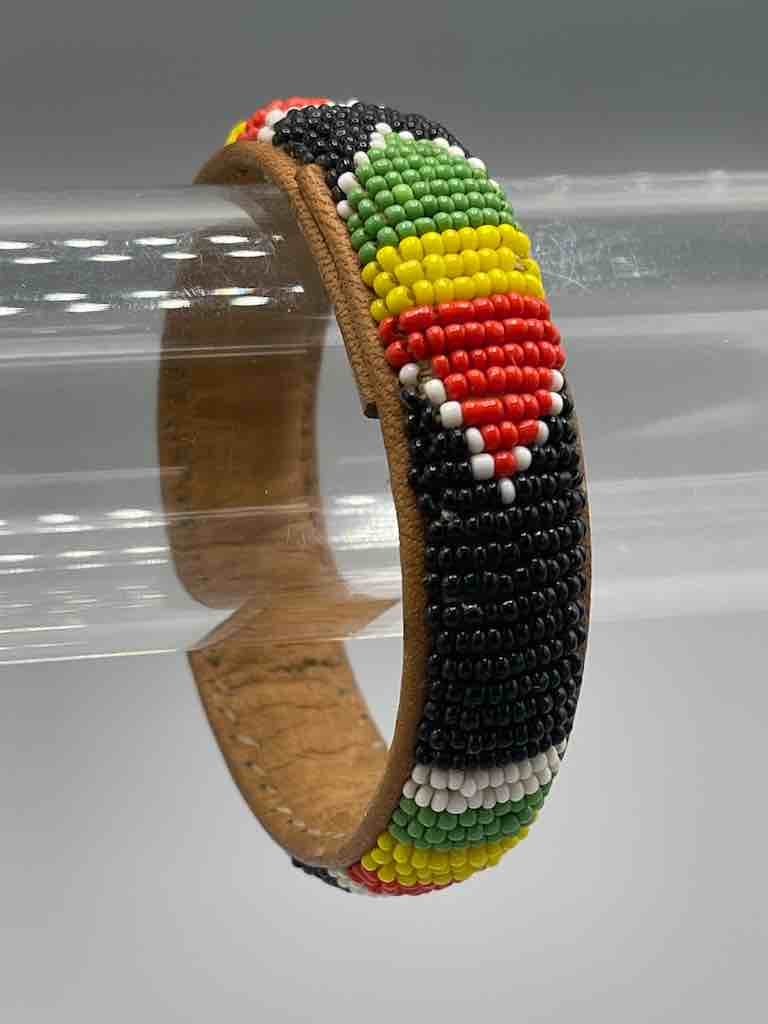 Older Traditional Design Wide Black Beaded Leather Bracelet - Mali