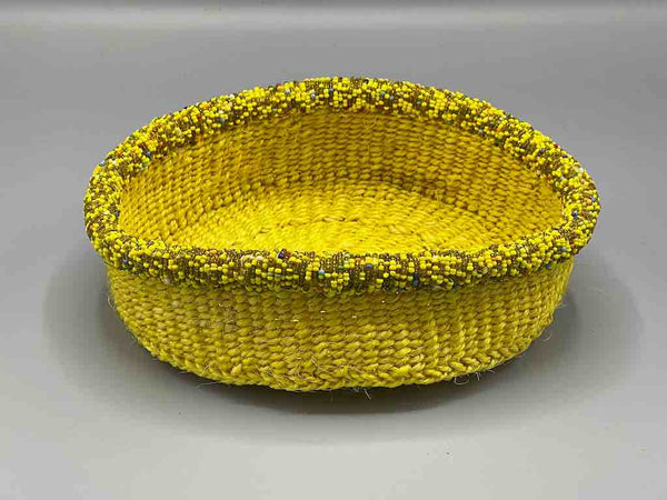Colorful Bead Rim Shallow Yellow Sisal Round Basket - Kenya