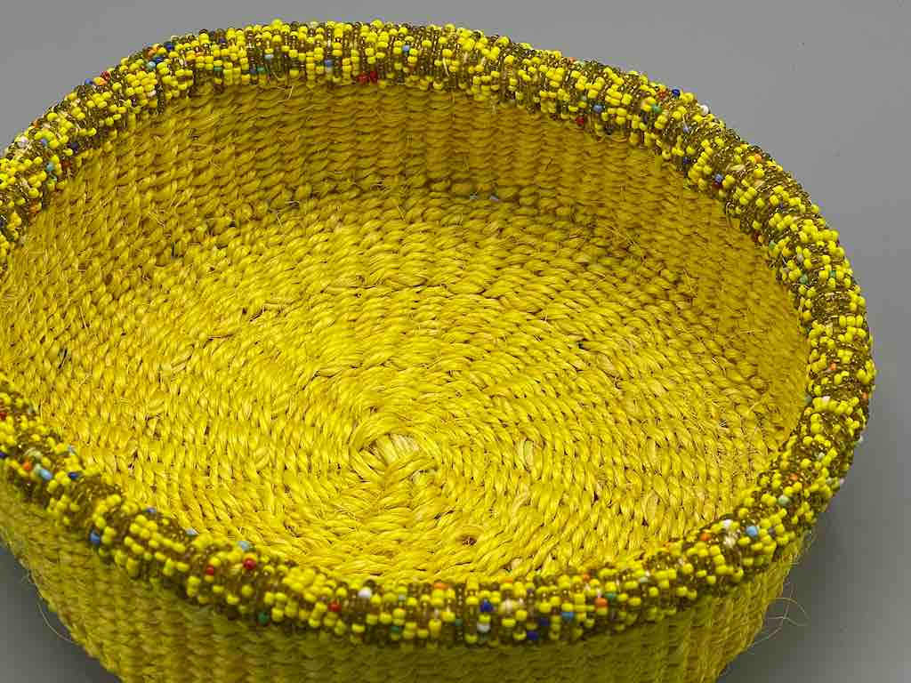 Colorful Bead Rim Shallow Yellow Sisal Round Basket - Kenya