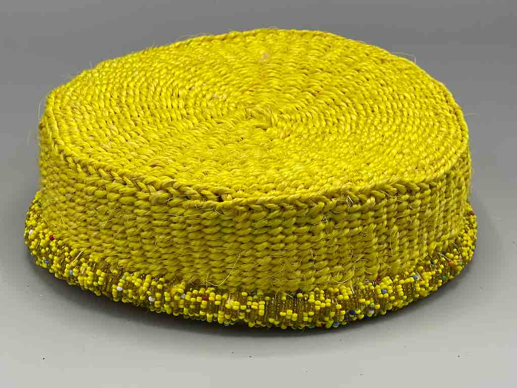 Colorful Bead Rim Shallow Yellow Sisal Round Basket - Kenya