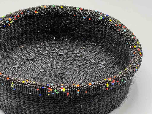 Black Bead Rim Shallow Black Sisal Round Basket - Kenya