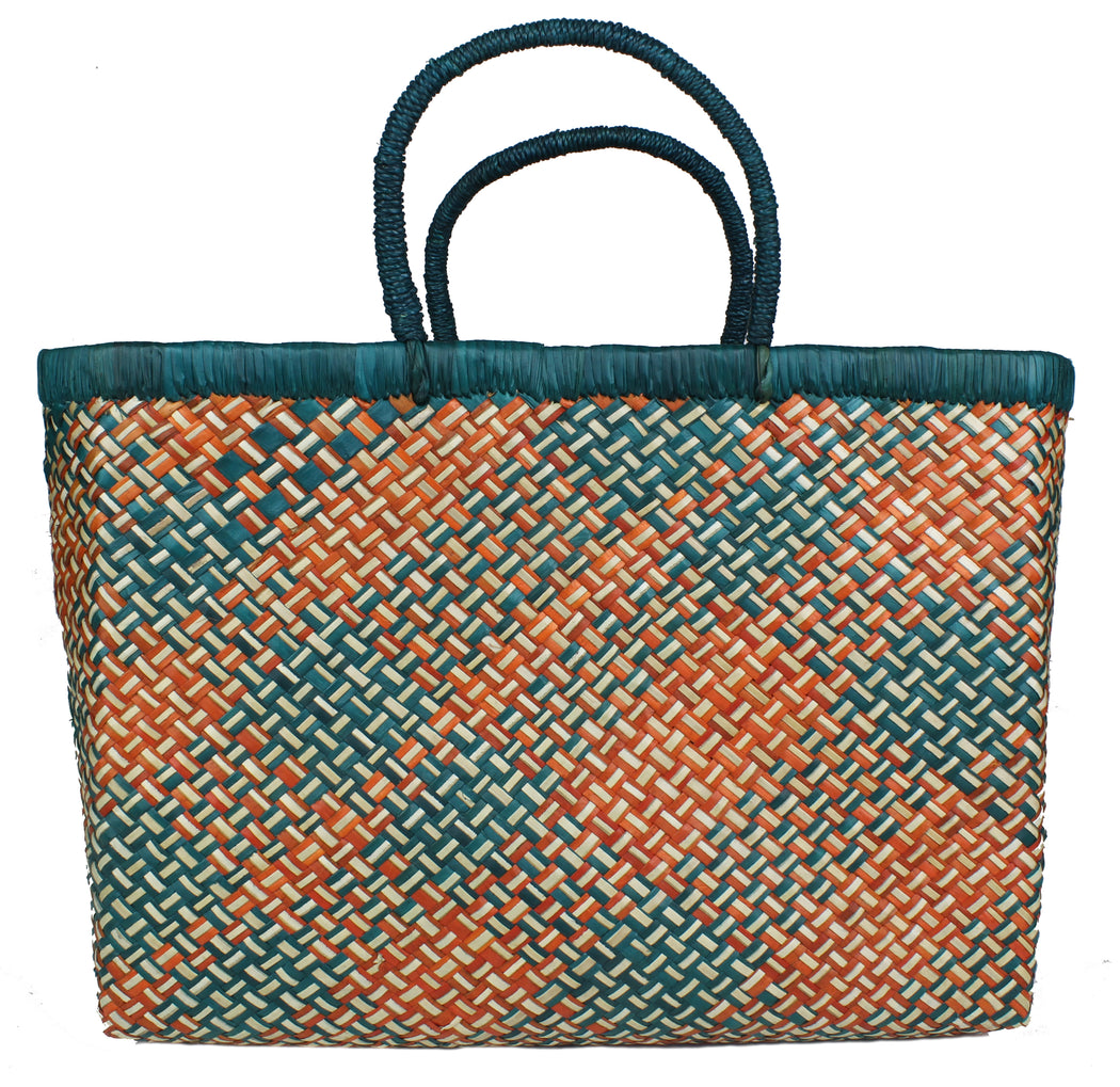 Handwoven Pandan Straw Handbag - Orange/Turquoise - Niger Bend