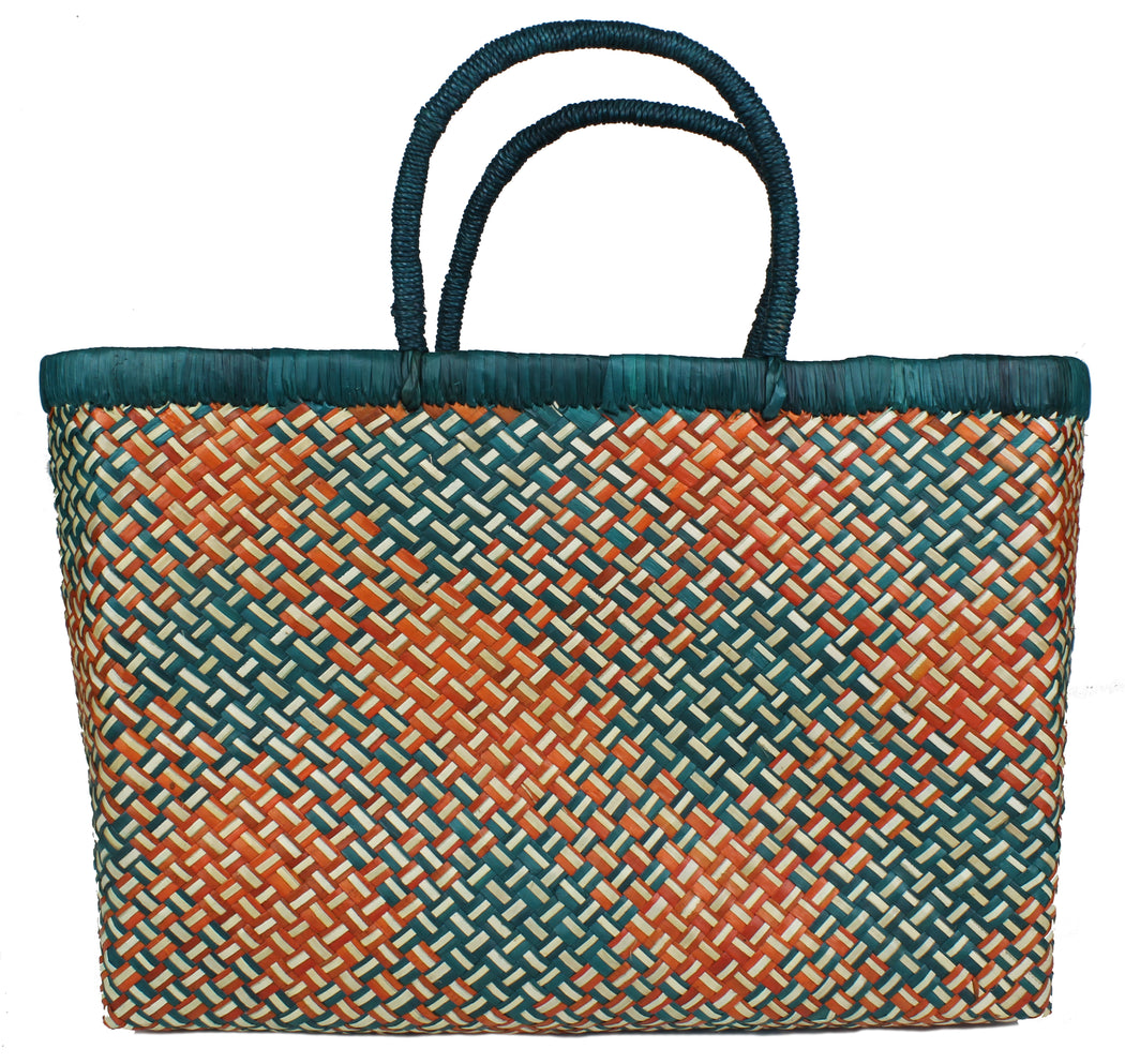 Handwoven Pandan Straw Handbag - Orange/Turquoise - Niger Bend