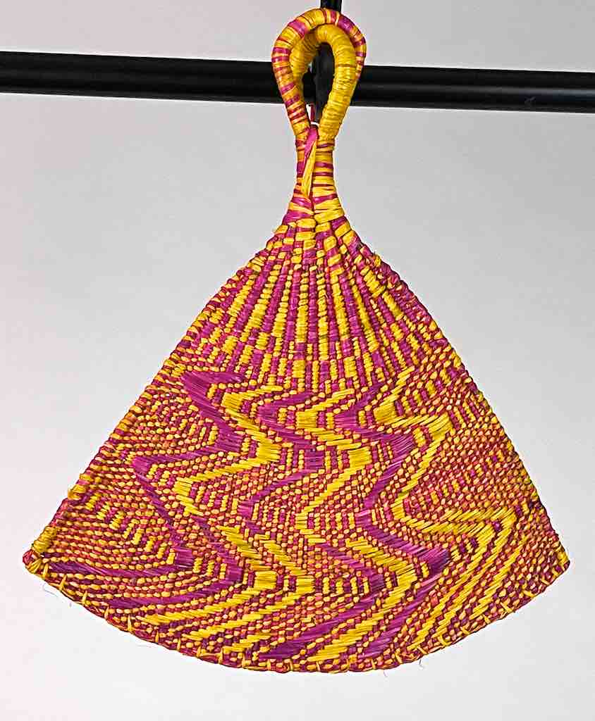 Raffia Hand Fan Accessory Handwoven in Togo - Yellow & Magenta