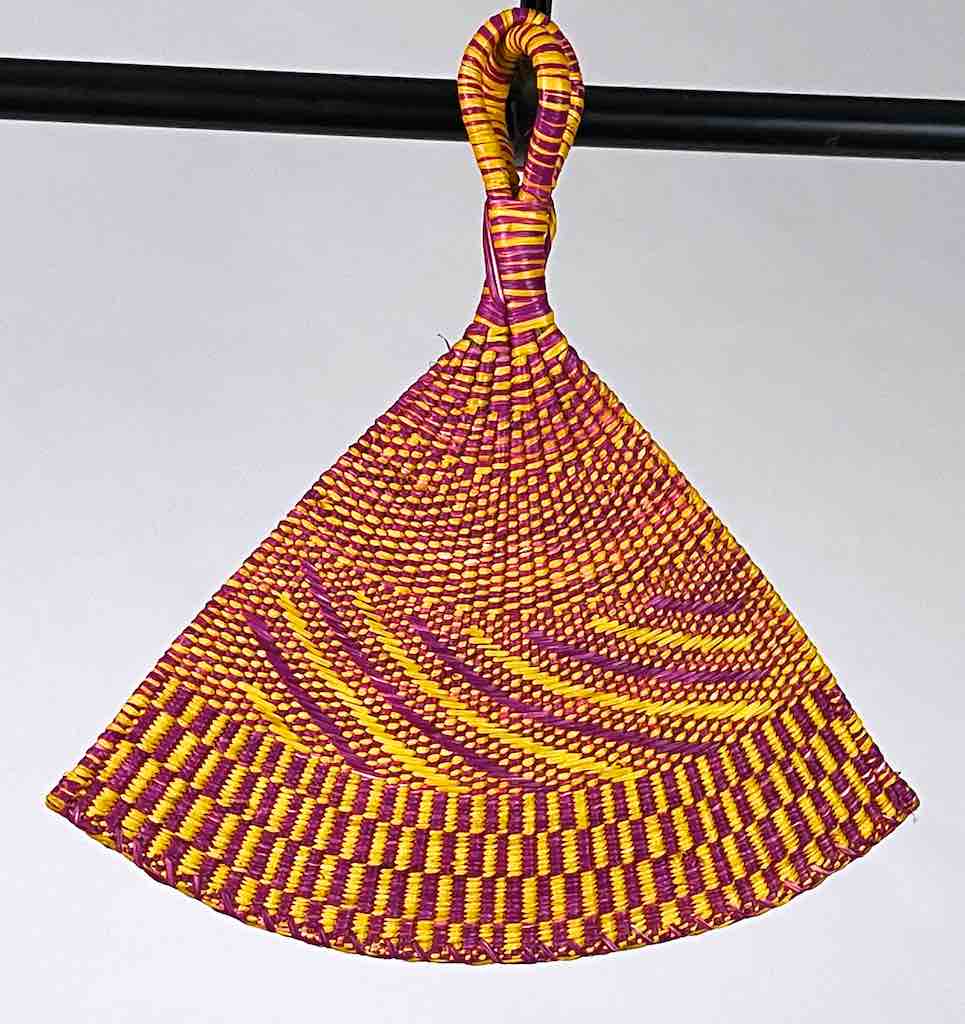 Raffia Hand Fan Accessory Handwoven in Togo - Yellow & Magenta
