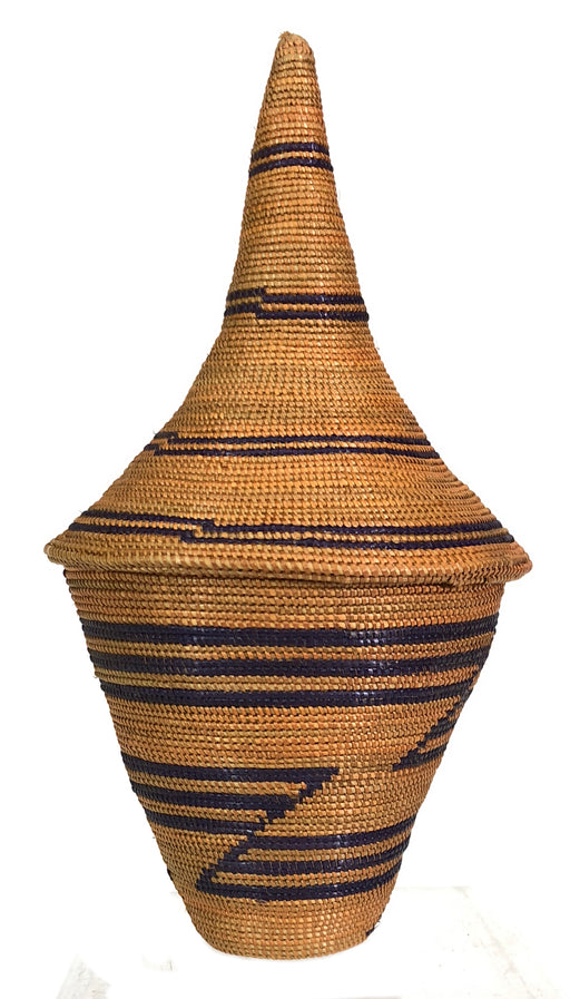 Small Vintage Tutsi Decor Basket with Indigo Accents - 7" x 3.5" - Niger Bend