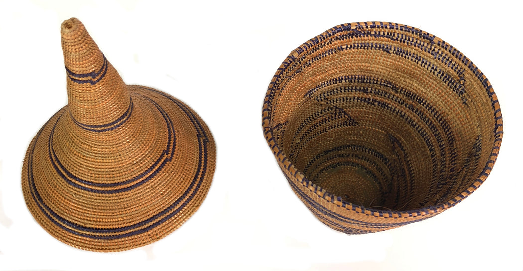 Small Vintage Tutsi Decor Basket with Indigo Accents - 7" x 3.5" - Niger Bend