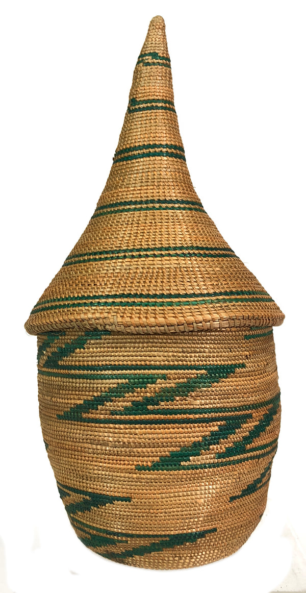 Small Vintage Tutsi Decor Basket with Green Accents - 8" x 3.5" - Niger Bend