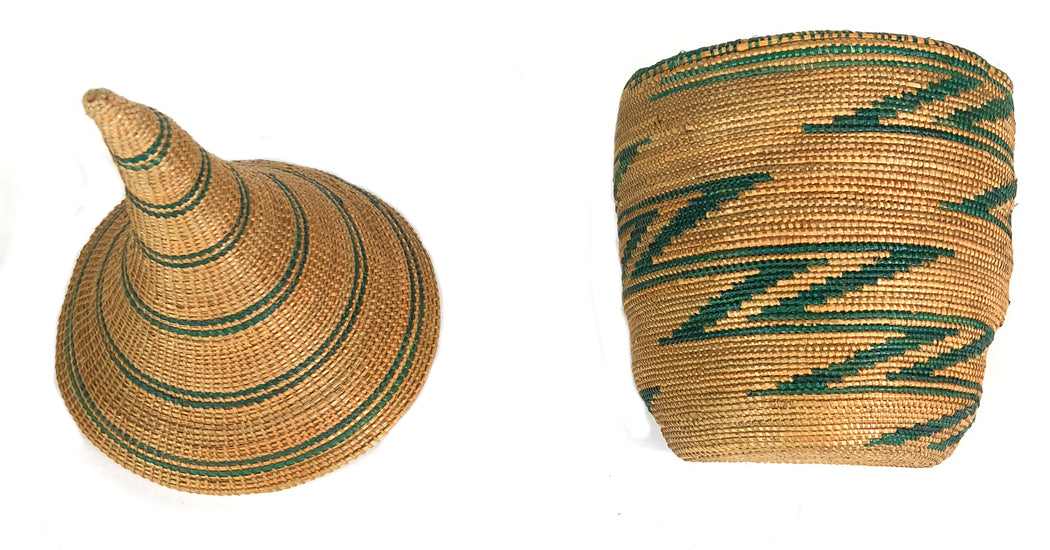 Small Vintage Tutsi Decor Basket with Green Accents - 8" x 3.5" - Niger Bend