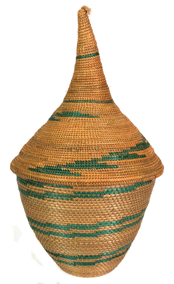 Small Vintage Tutsi Decor Basket with Green Accents - 7" x 4" - Niger Bend