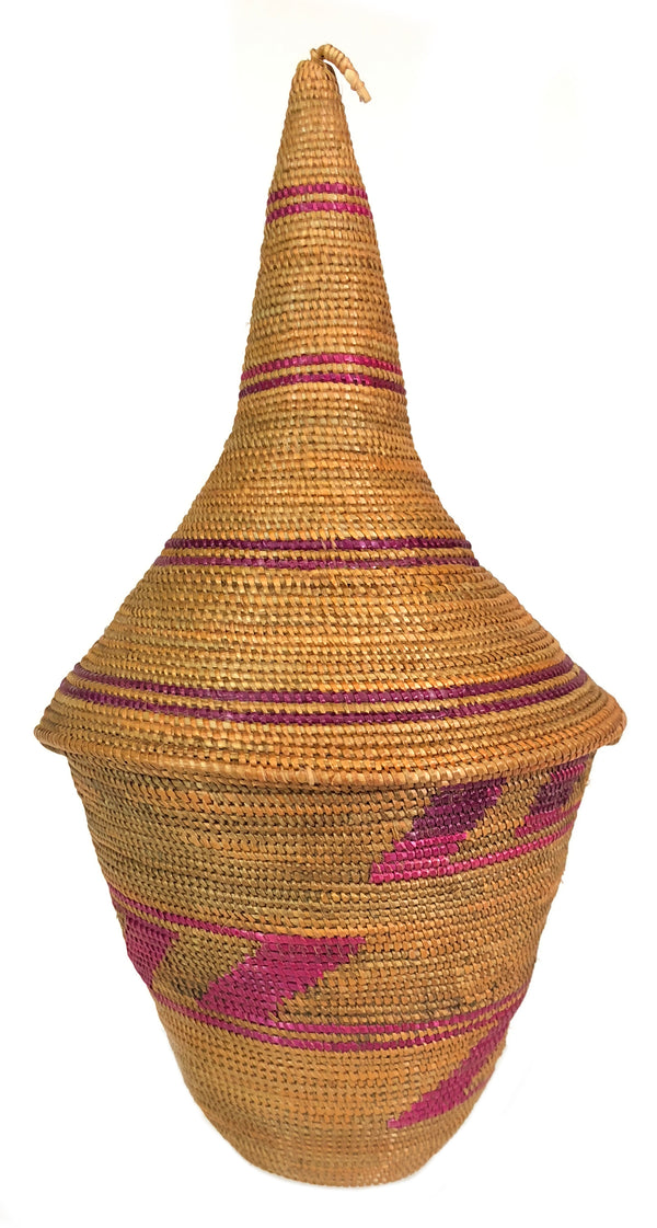 Small Vintage Tutsi Decor Basket with Pink Accents - 7" x 4" - Niger Bend