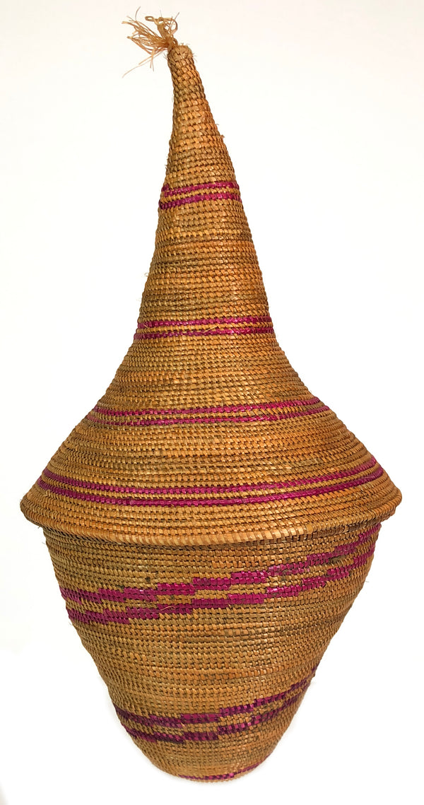 Small Vintage Tutsi Decor Basket with Pink Accents - 7.5" x 4" - Niger Bend