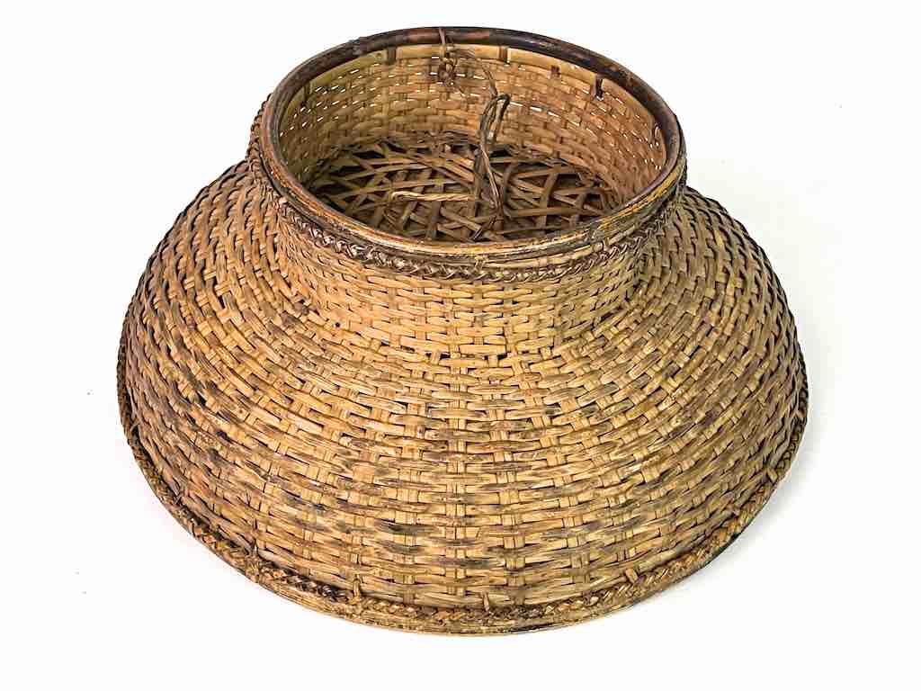 Vintage Vietnamese Rattan Bowl Basket on Stand