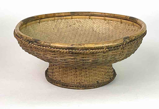 Vintage Vietnamese Rattan Bowl Basket on Stand